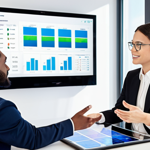 Home 6 **
Prompt: Modern financial advisor meeting with a young, diverse couple in a bright, tech-enabled office. The advisor is gesturing towards a holographic display showing an ESG investment portfolio. Focus on building trust and communication, emphasizing value-based pricing.
**