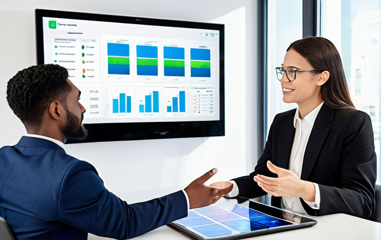 **
Prompt: Modern financial advisor meeting with a young, diverse couple in a bright, tech-enabled office. The advisor is gesturing towards a holographic display showing an ESG investment portfolio. Focus on building trust and communication, emphasizing value-based pricing.
**