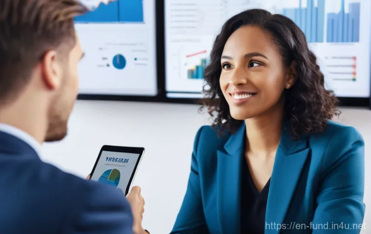 펀드투자상담사와 재정 계획 사례 - **Prompt:** A professional, diverse female financial advisor (late 30s) in a modern, bright office, ...