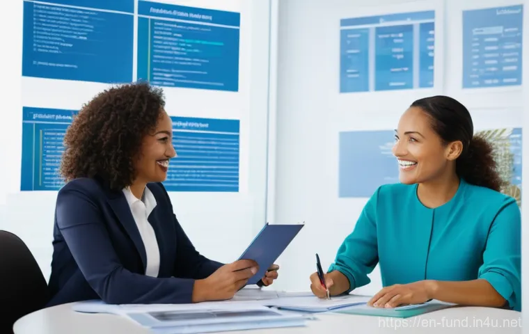 펀드투자상담사와 재정 계획 사례 - **Prompt:** A professional, diverse female financial advisor (late 30s) in a modern, bright office, ...