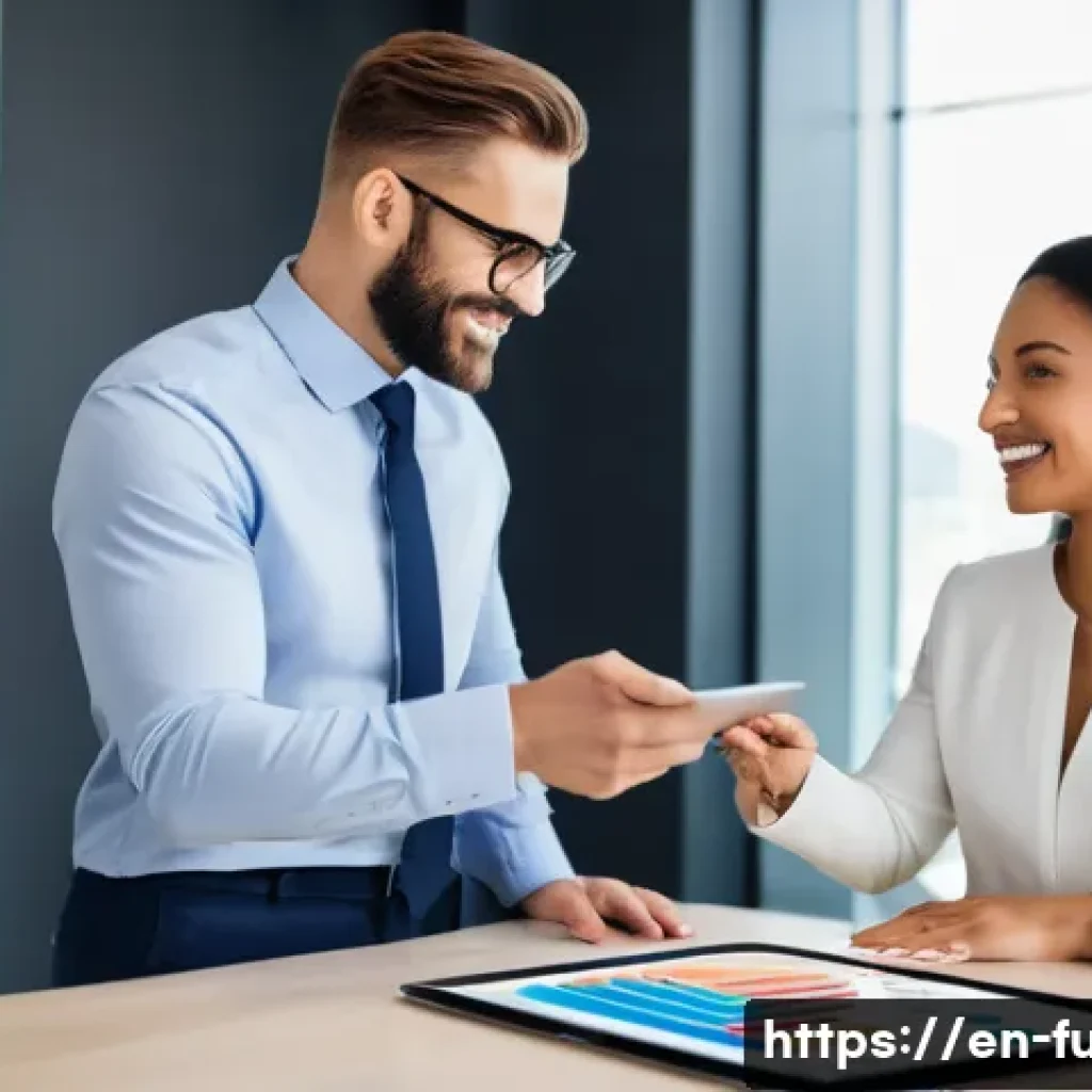 펀드투자상담사와 금융 시장의 미래 전망 - A professional financial advisor in a modern office setting, engaging warmly with a diverse client c...