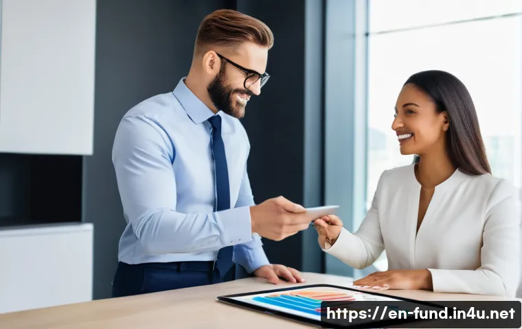 펀드투자상담사와 금융 시장의 미래 전망 - A professional financial advisor in a modern office setting, engaging warmly with a diverse client c...