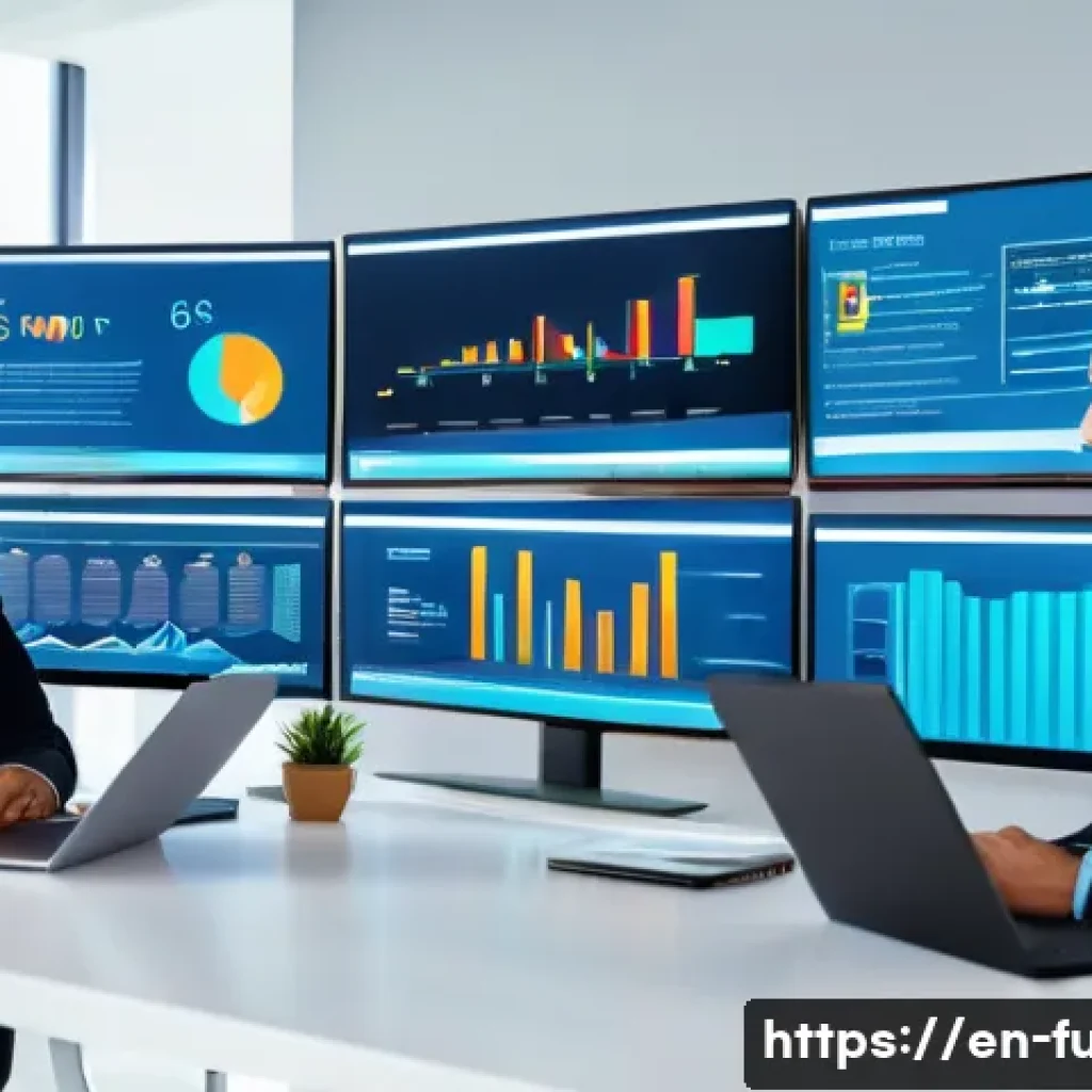 펀드투자상담사 직무의 미래 변화 - A modern financial advisor&rsquo;s office scene featuring a diverse team collaborating around multiple lar...