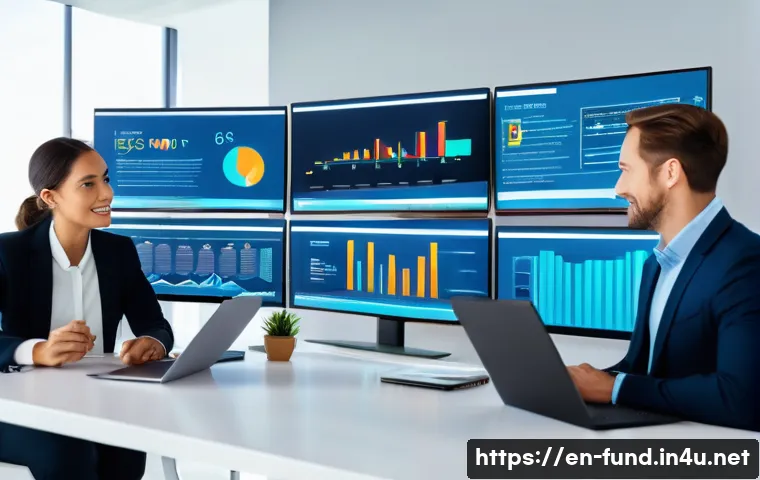펀드투자상담사 직무의 미래 변화 - A modern financial advisor&rsquo;s office scene featuring a diverse team collaborating around multiple lar...