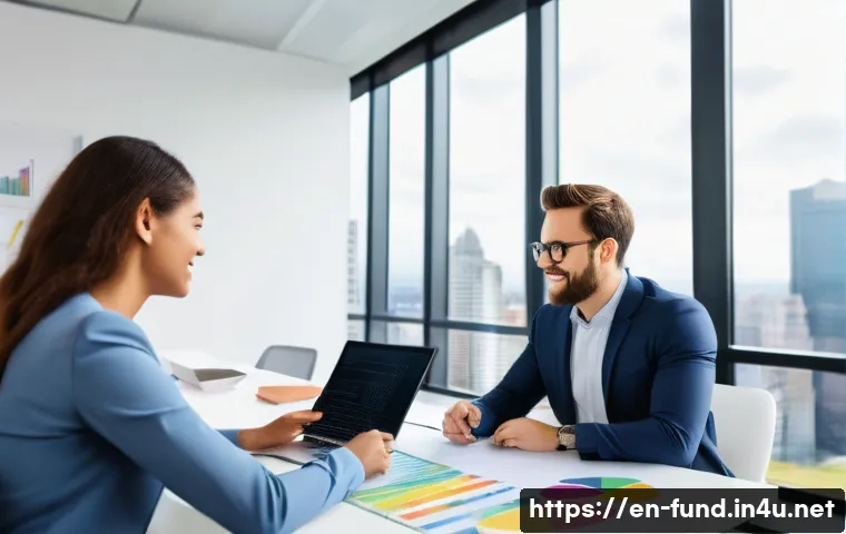 펀드투자상담사와 고객 재무 건강 관리 - A professional financial advisor sitting at a modern office desk, engaging in a warm and attentive c...
