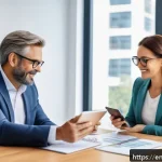 펀드투자상담사와 연금 상품의 관계 - A professional financial advisor sitting at a modern office desk with a diverse couple in their 40s,...