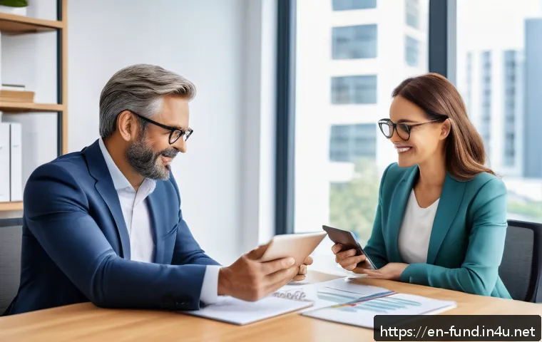 펀드투자상담사와 연금 상품의 관계 - A professional financial advisor sitting at a modern office desk with a diverse couple in their 40s,...