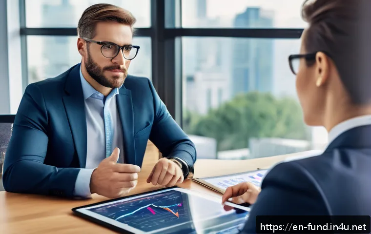 펀드투자상담사 직업의 장단점 - A professional financial advisor in a modern office setting, attentively listening to a diverse clie...