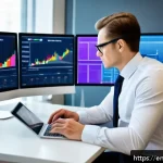 펀드투자상담사 금융상품 분석 방법 - A professional financial advisor in a modern office environment, analyzing multiple digital screens ...