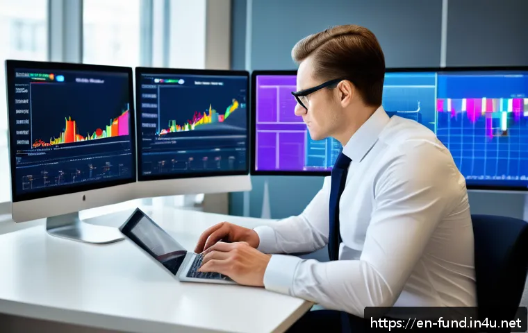 펀드투자상담사 금융상품 분석 방법 - A professional financial advisor in a modern office environment, analyzing multiple digital screens ...