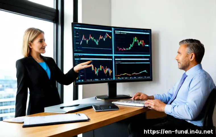 펀드투자상담사와 연관된 기술적 변화 - Photorealistic financial advisor in a modern American office explaining a diversified investment por...