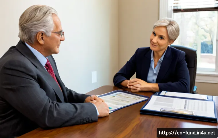 펀드투자상담사 관련 정책 및 제도 변화 - Photorealistic financial consultation scene in a modern American advisory office, a trusted middle-a...