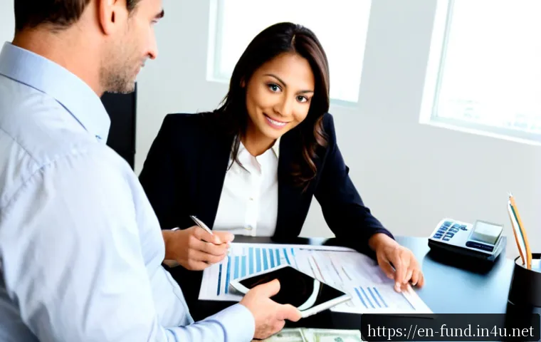 펀드투자상담사로서 고객에게 추천하는 상품 - Photorealistic financial advisor in a bright modern American office, warmly guiding a middle-aged co...