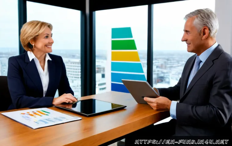 펀드투자상담사와 금융 상품 활용 사례 - Photorealistic financial consultation in a bright modern U.S. office, a friendly middle-aged fund in...